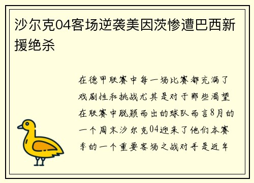 沙尔克04客场逆袭美因茨惨遭巴西新援绝杀